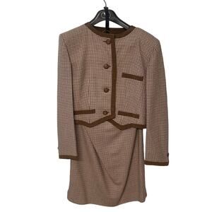 Vintage Valentino Boutique Brown Check Skirt Suit Grosgrain Ribbon Trim 12